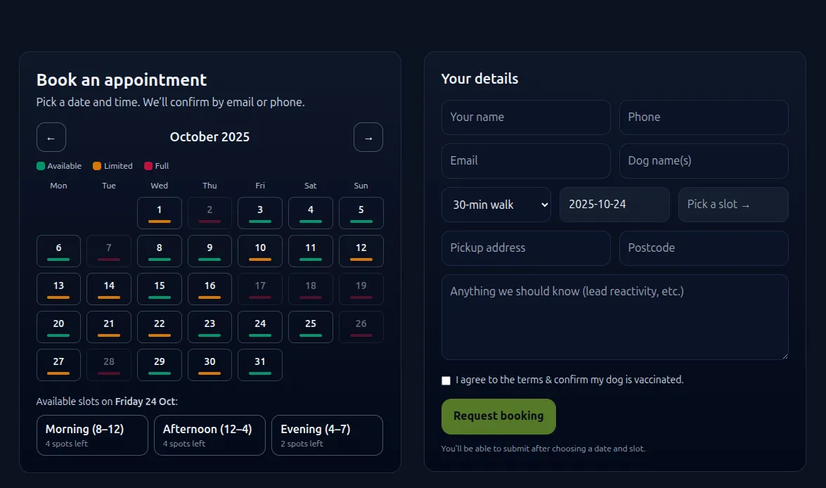 Dog walker demo website